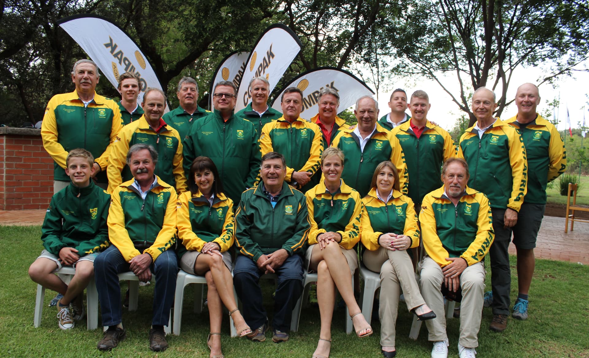 South African national Compak Sporting team in green and gold tracksuits