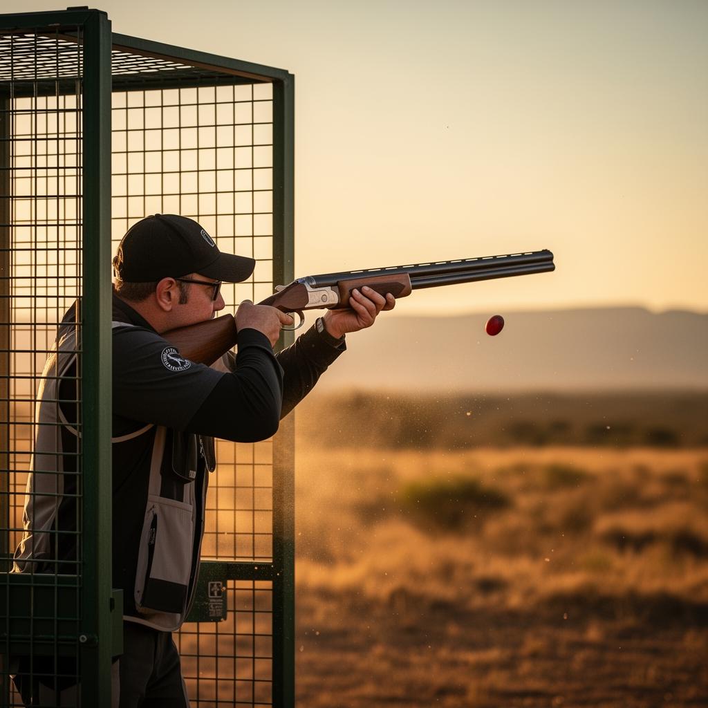 Compak Sporting shooter in a station cage tracking a clay target at golden hour