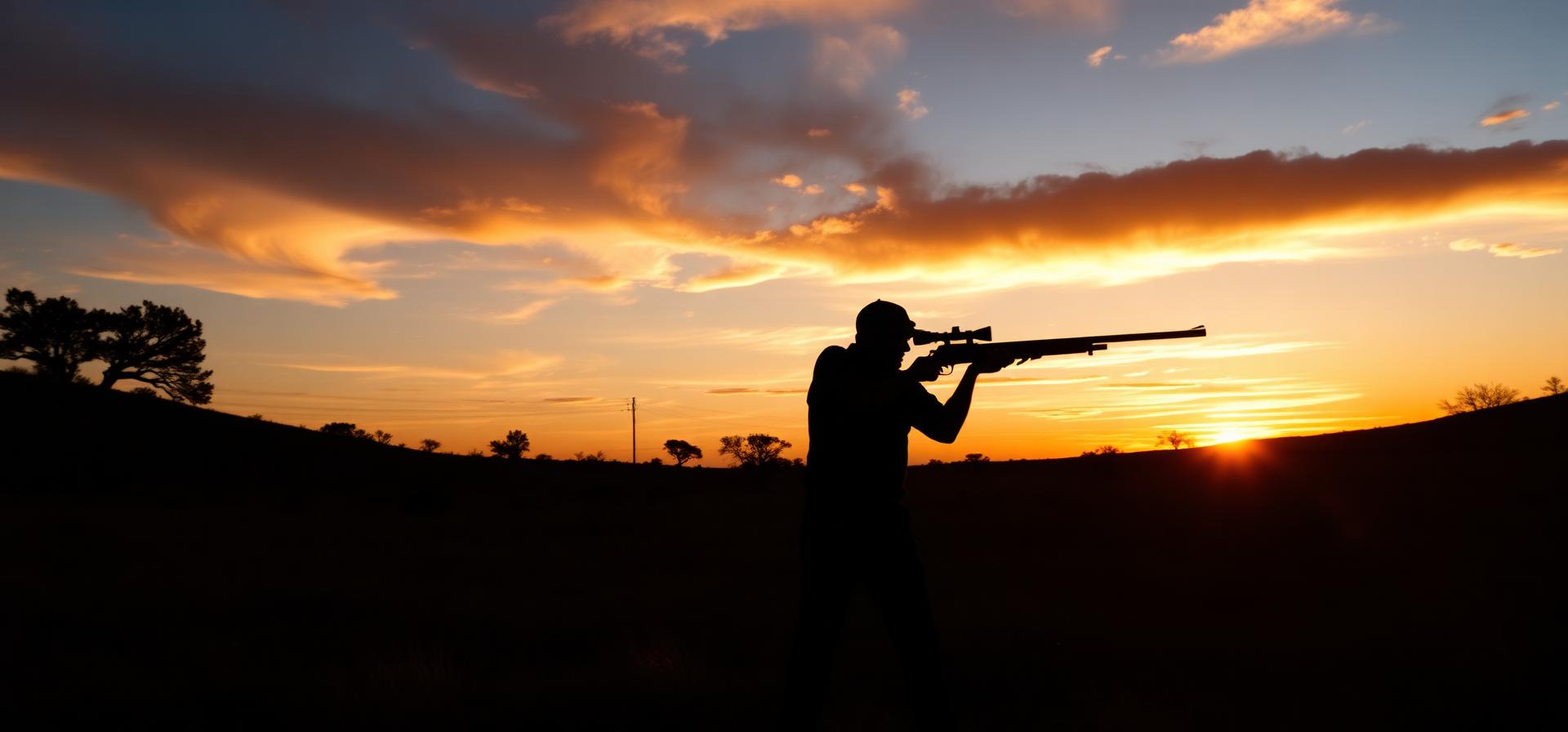 Lone shotgun shooter silhouette at sunset on the South African veld