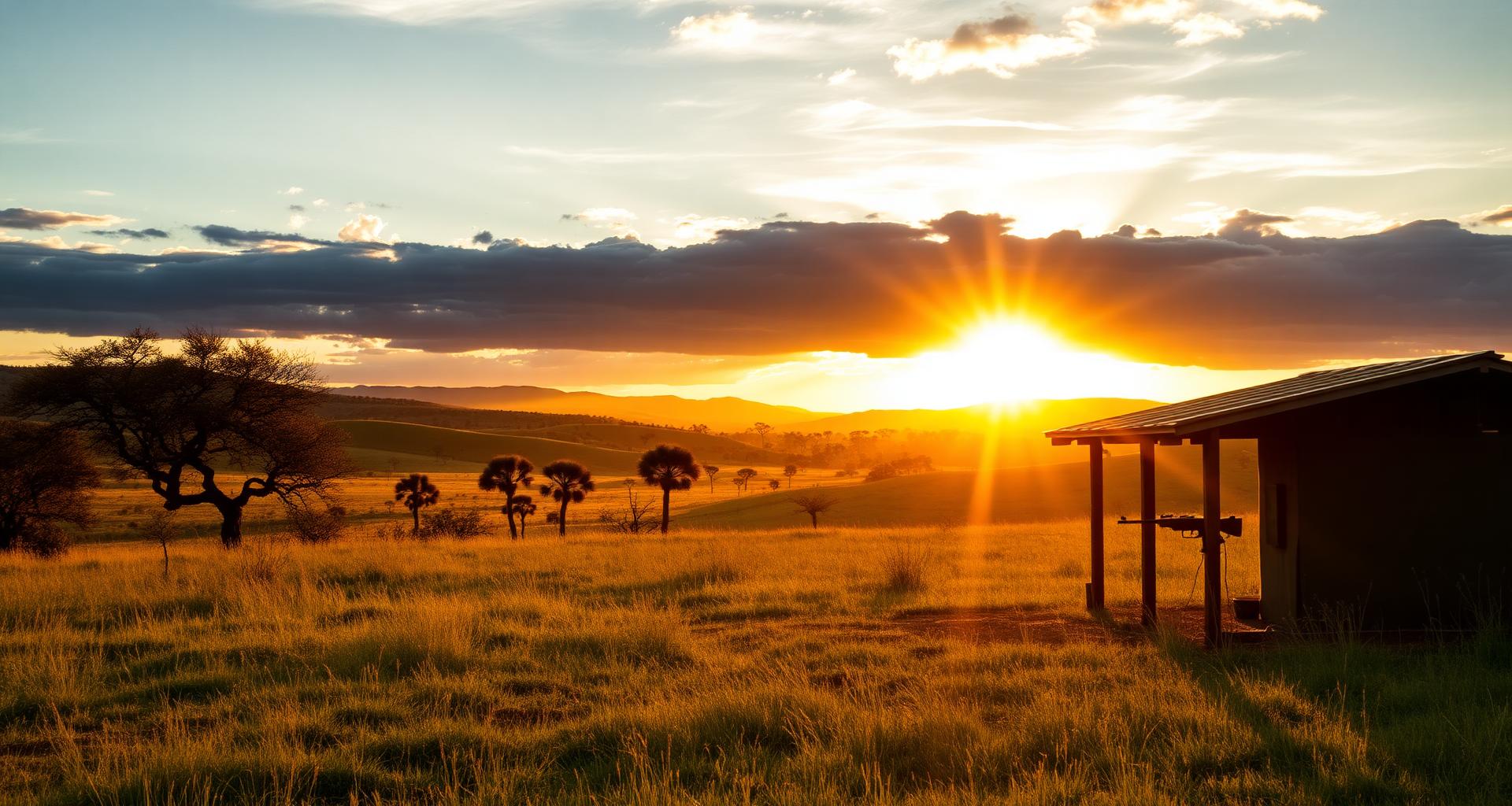 Aerial view of a sporting clays course laid out across the South African veld at golden hour