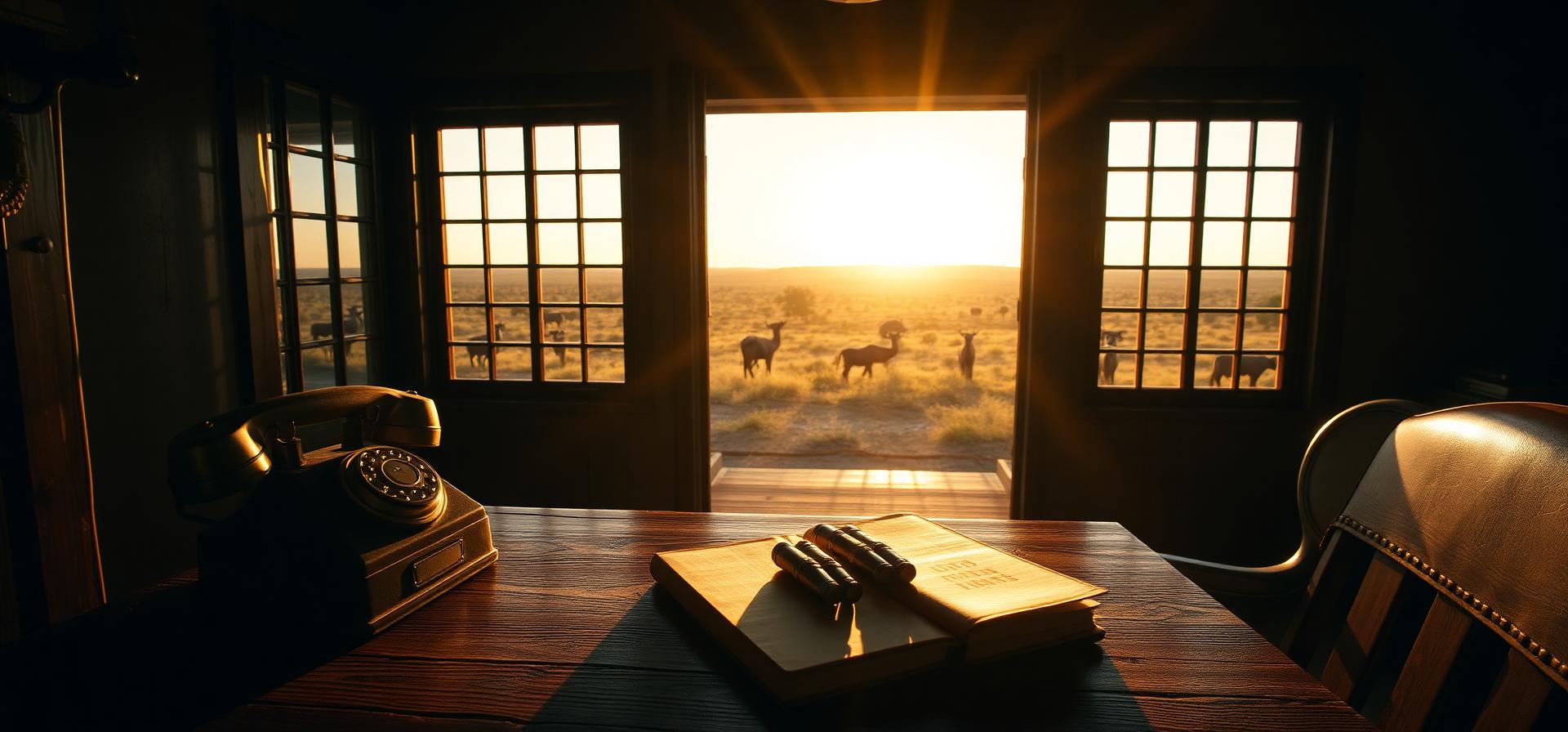 Wooden clubhouse desk with a vintage telephone and logbook overlooking the South African veld at sunset
