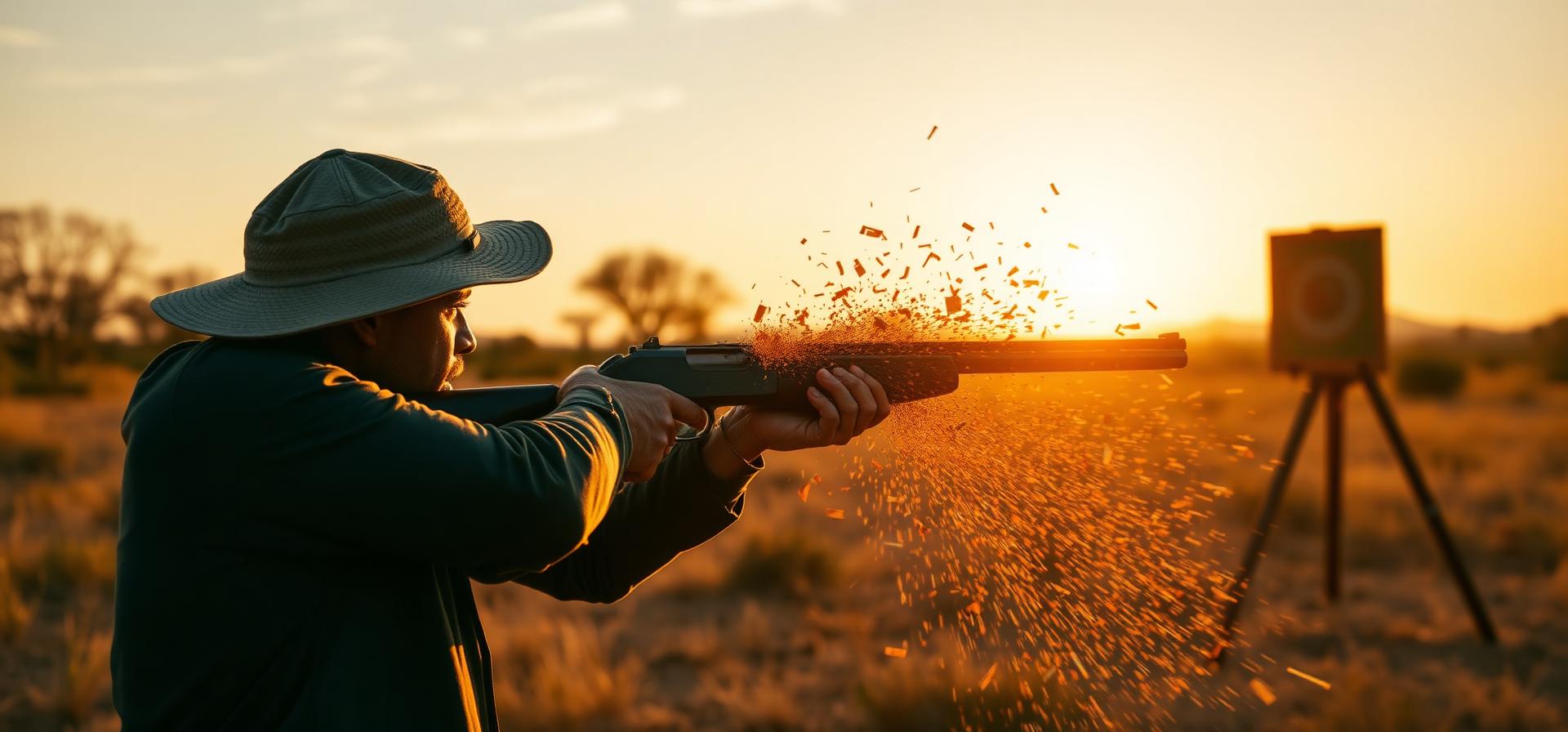 Shotgun shooter breaking an orange clay target at golden hour