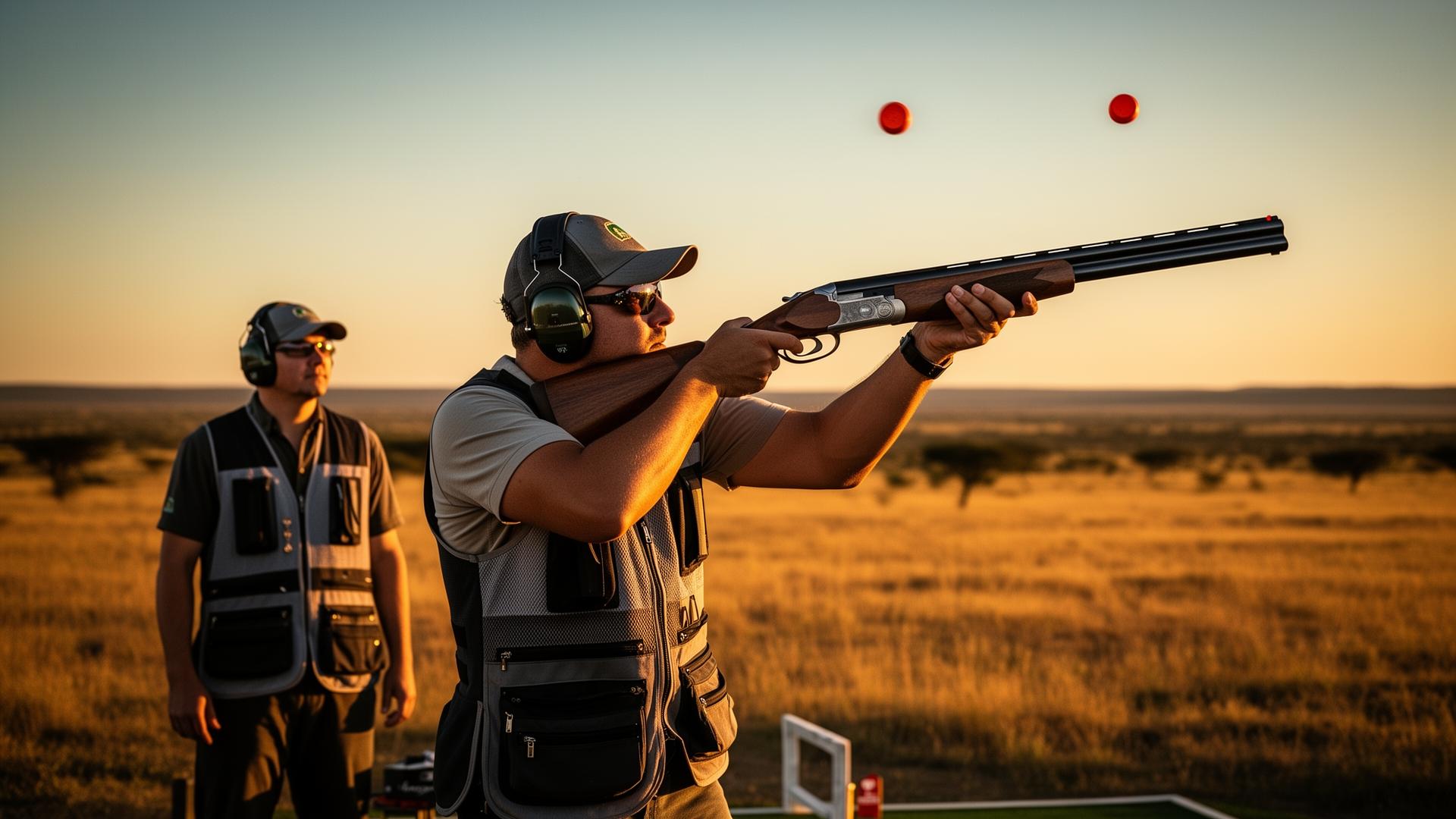 Orange clay target shattering against a golden sunset sky over the South African veld