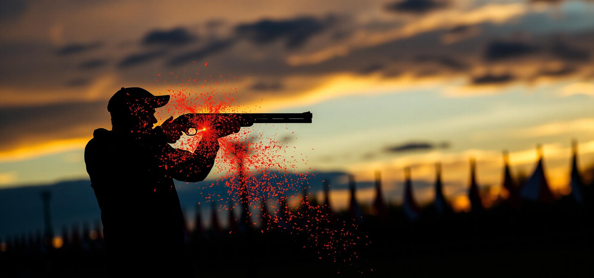 Shotgun shooter silhouette with international flags and the Eiffel Tower at sunset