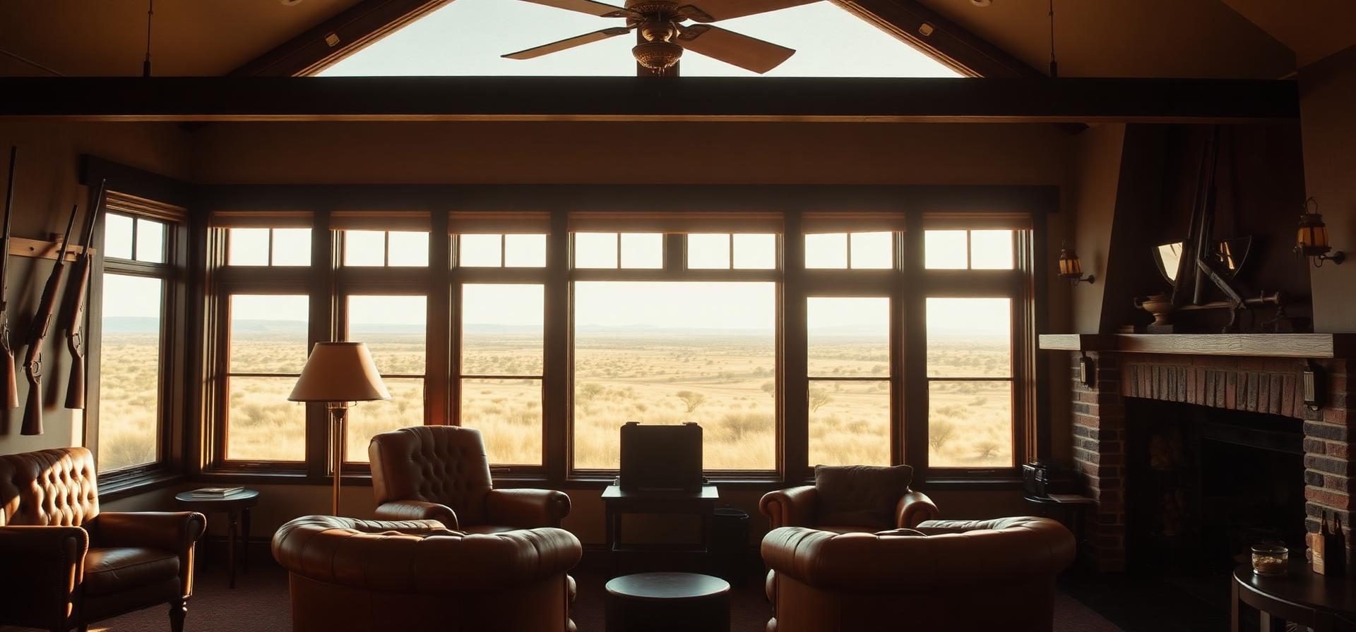 Wood-paneled clubhouse with leather chairs overlooking the South African veld