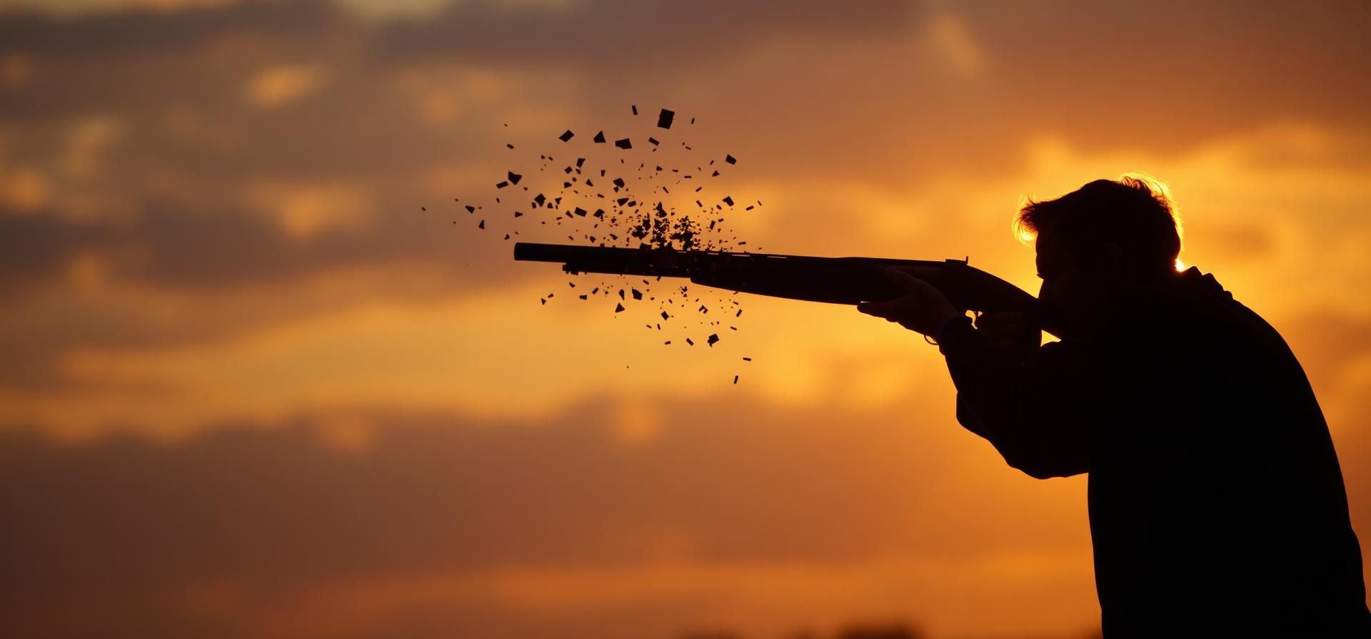 Silhouette of a clay shooter breaking a target against a golden sunset