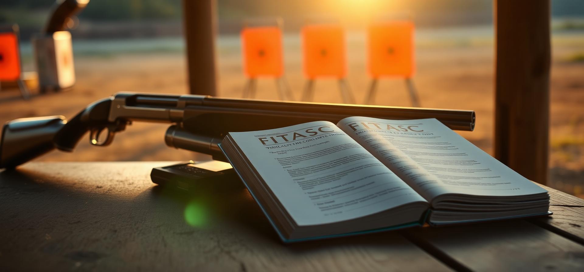 Open FITASC rulebook beside a shotgun and orange clay targets on a wooden table